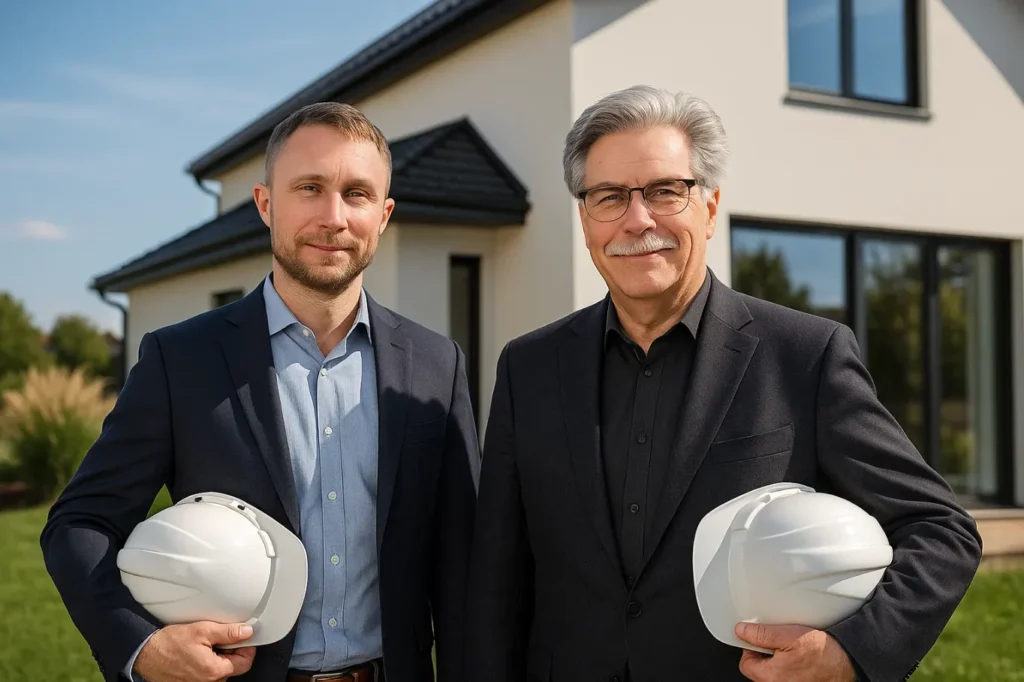 Dwóch mężczyzn w garniturach stojących przed nowoczesnym domem jednorodzinnym, trzymających w rękach białe kaski ochronne.