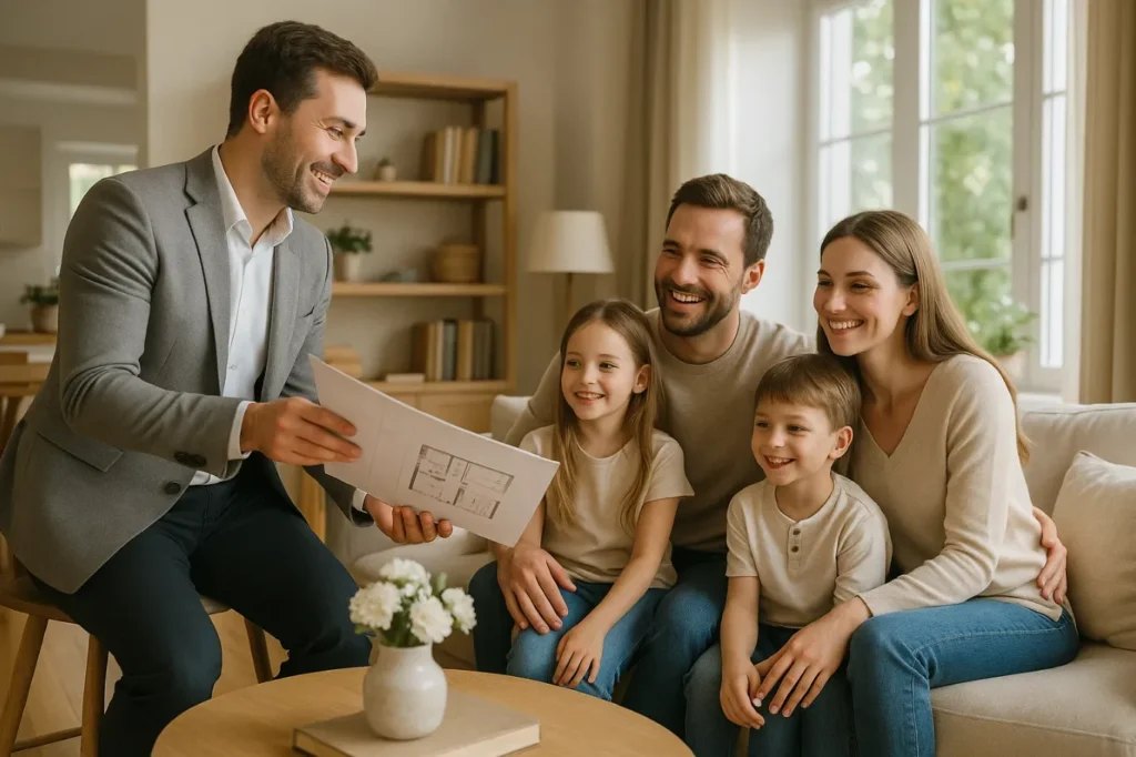 Rodzina z dwójką dzieci siedząca na kanapie i rozmawiająca z agentem nieruchomości, który pokazuje im plany domu.